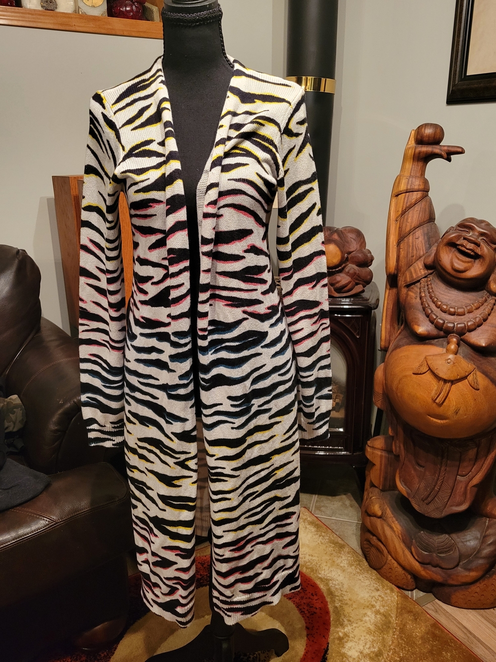 Long Open-Front Zebra Stripe Cardigan Sweater in White with Multi Accent Colors